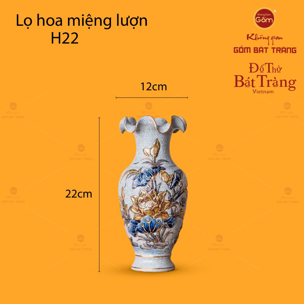 Lọ Hoa Miệng Lượn Hoa Sen Men Rạn Vẽ Vàng