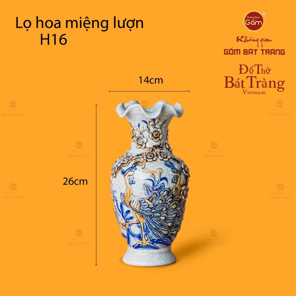Lọ Hoa Miệng Lượn Men Rạn Họa Tiết Công Đào