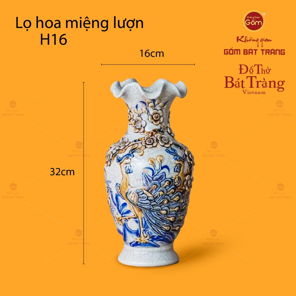 Lọ Hoa Miệng Lượn Men Rạn Họa Tiết Công Đào