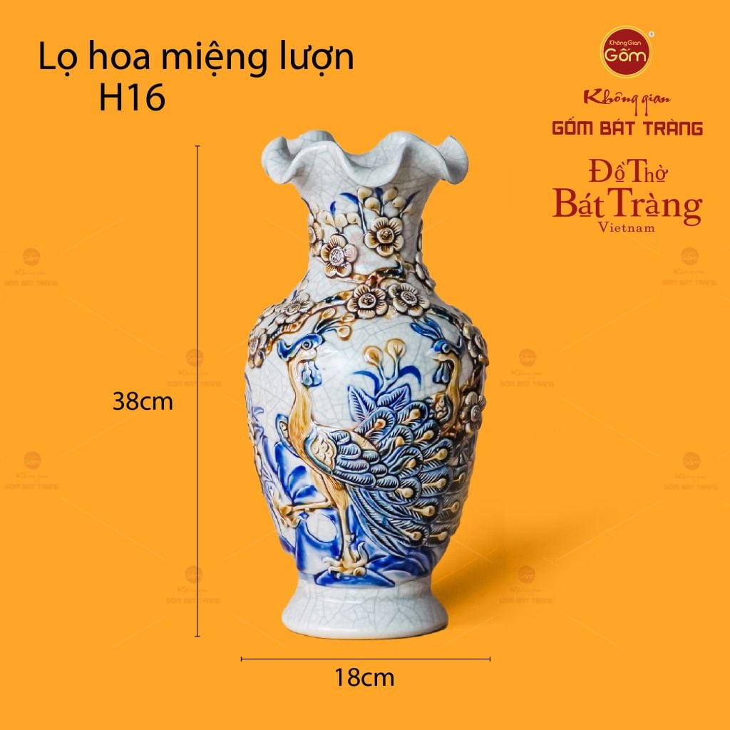 Lọ Hoa Miệng Lượn Men Rạn Họa Tiết Công Đào