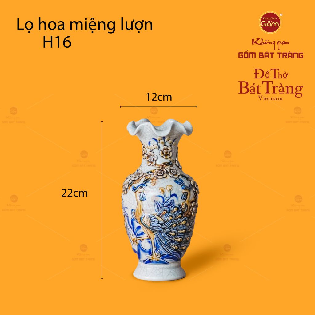 Lọ Hoa Miệng Lượn Men Rạn Họa Tiết Công Đào