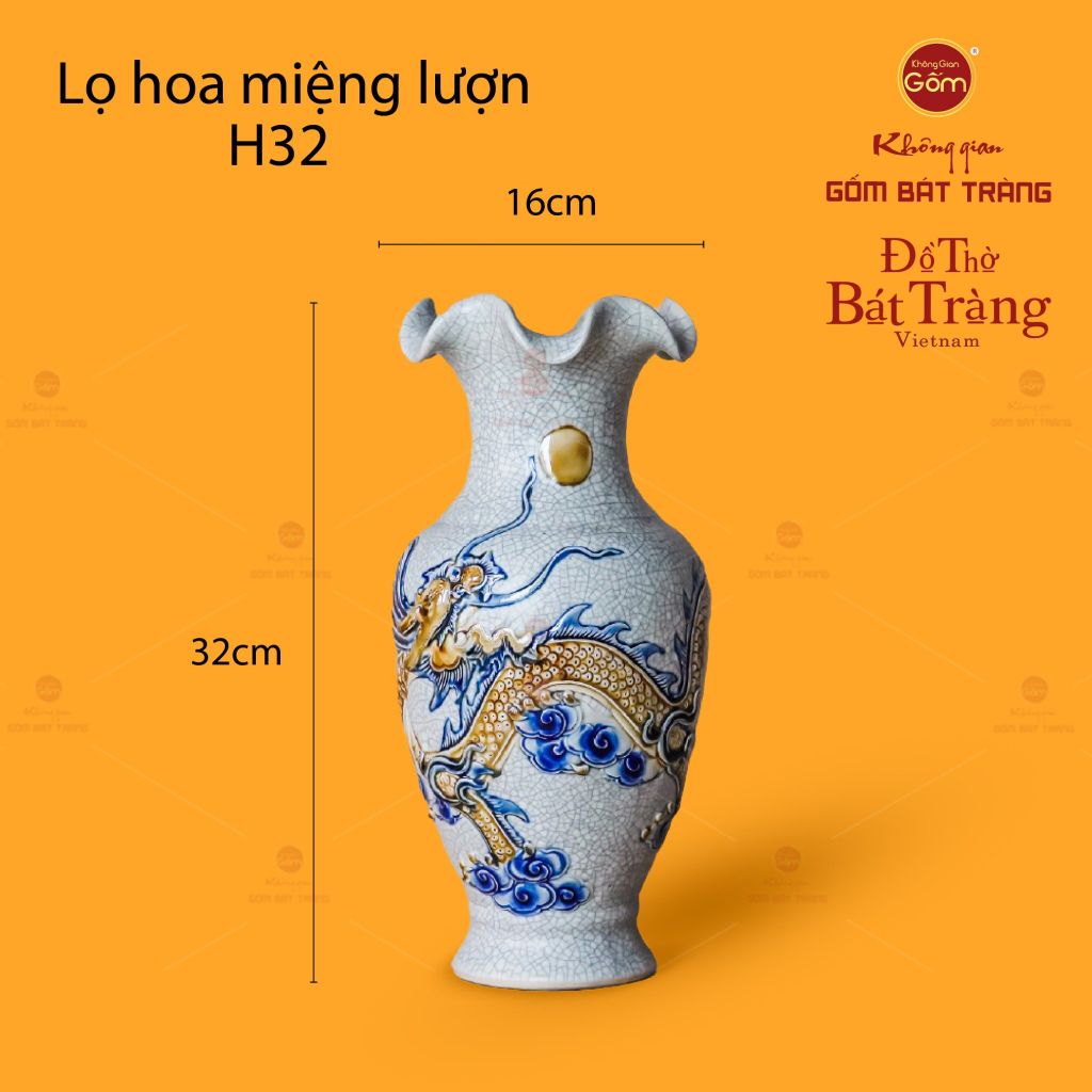 Lọ Hoa Miệng Lượn Men Rạn Họa Tiết Hồi Long Hướng Nhật