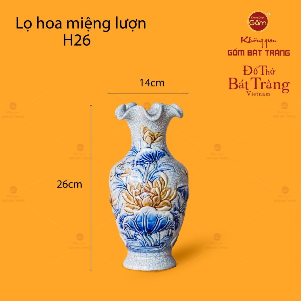Lọ Hoa Miệng Lượn Men Rạn Họa Tiết Kim Liên