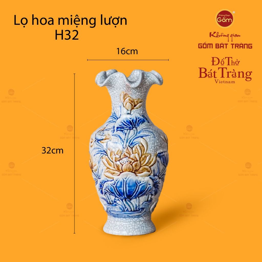 Lọ Hoa Miệng Lượn Men Rạn Họa Tiết Kim Liên