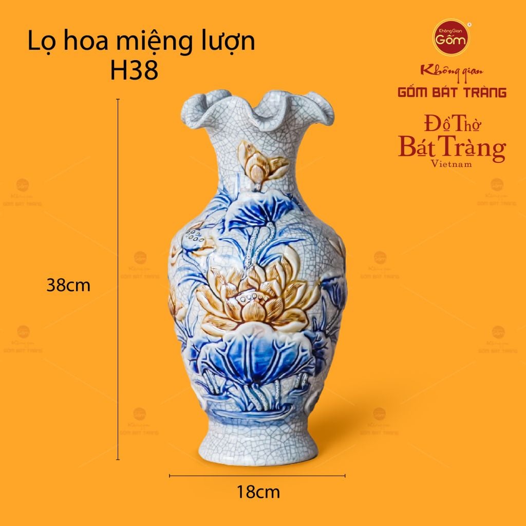Lọ Hoa Miệng Lượn Men Rạn Họa Tiết Kim Liên