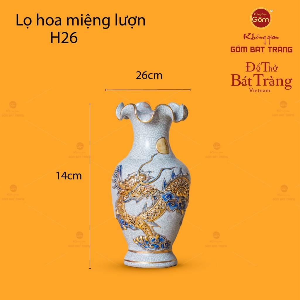 Lọ Hoa Miệng Lượn Rồng Chầu Nhật Men Rạn Vẽ Vàng