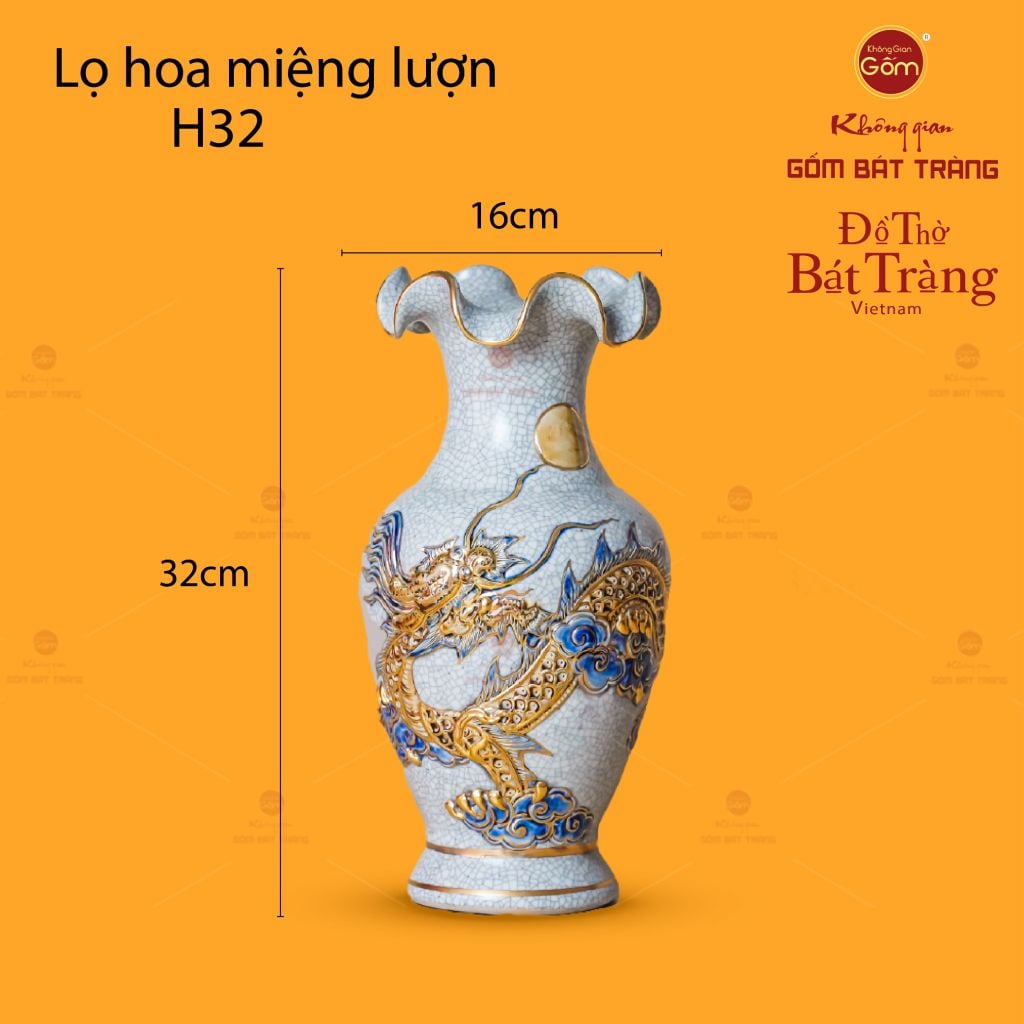 Lọ Hoa Miệng Lượn Rồng Chầu Nhật Men Rạn Vẽ Vàng