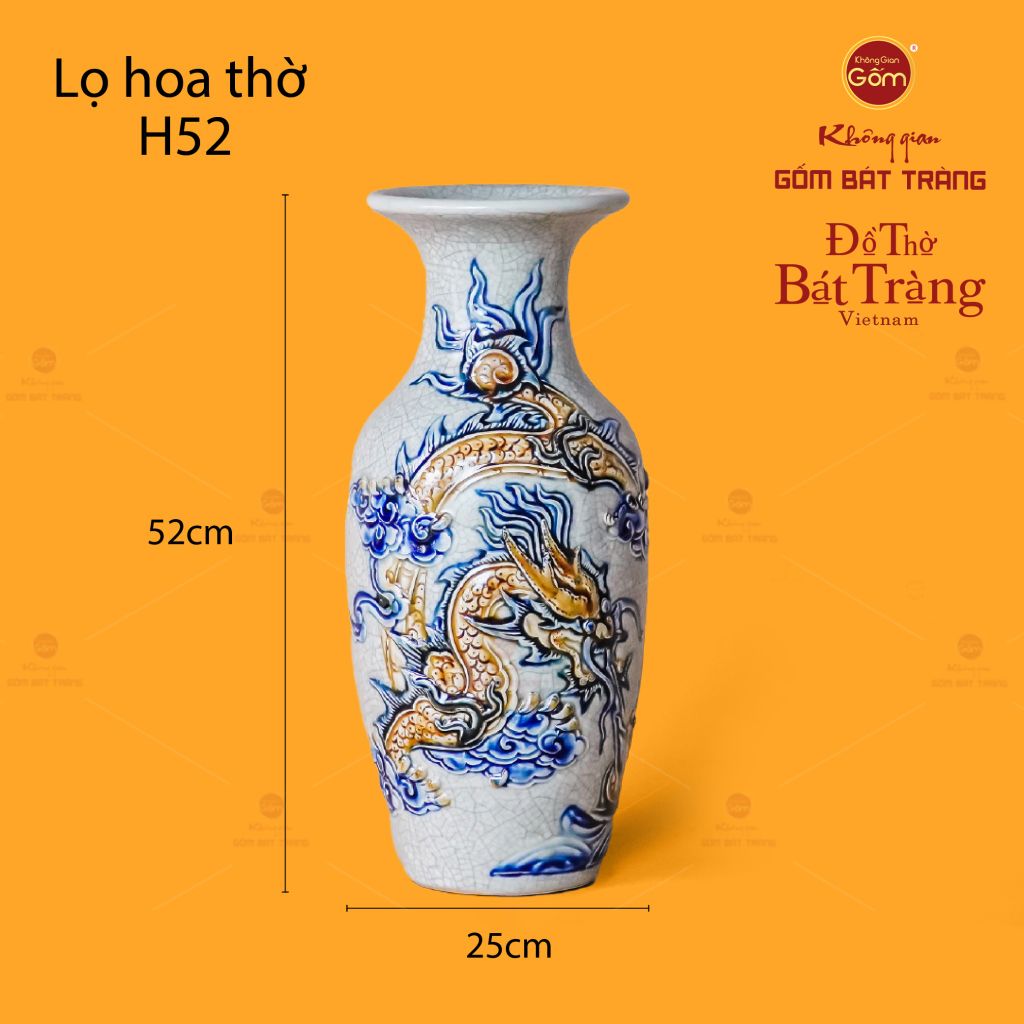 Lọ Hoa Thờ Men Rạn Họa Tiết Cá Chép Hóa Rồng