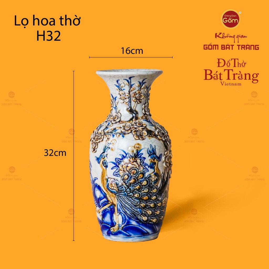 Lọ Hoa Thờ Men Rạn Họa Tiết Công Đào