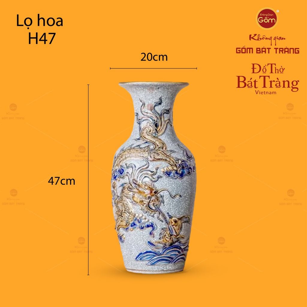 Lọ Hoa Thờ Vẽ Rồng Men Rạn Vẽ Vàng