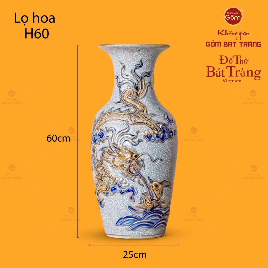 Lọ Hoa Thờ Vẽ Rồng Men Rạn Vẽ Vàng