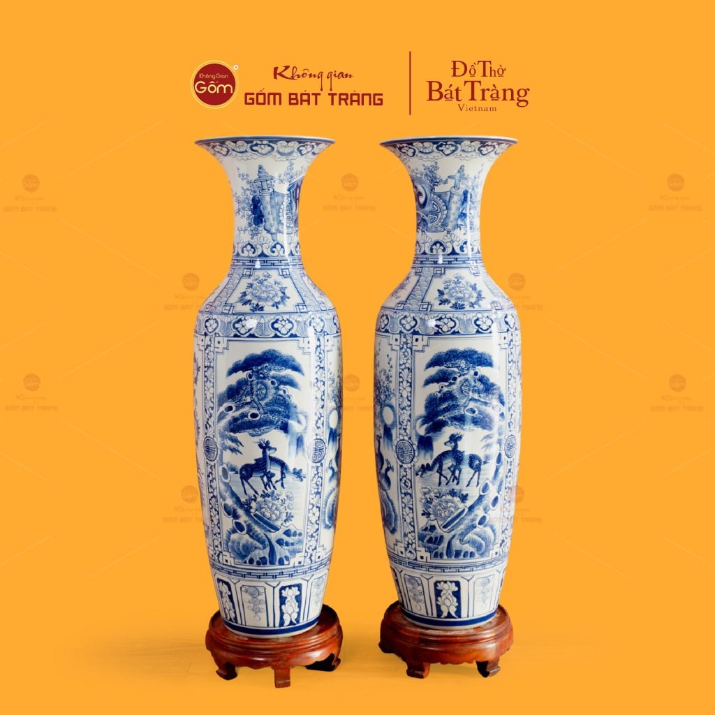 Lộc Bình 1M2 Men Lam Họa Tiết Phúc Đức Tứ Cảnh