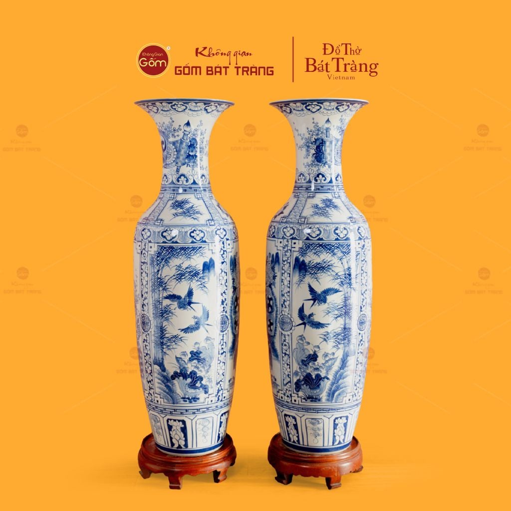 Lộc Bình 1M2 Men Lam Họa Tiết Phúc Đức Tứ Cảnh