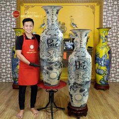 Lộc Bình 1M4 Men Chàm Cổ Vẽ Kỹ Họa Tiết Phúc Đức