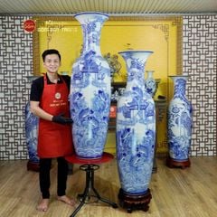 Lộc Bình 1M4 Men Lam Họa Tiết Cá Chép Vượt Vũ Môn