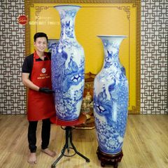 Lộc Bình 1M4 Men Lam Họa Tiết Công Đào