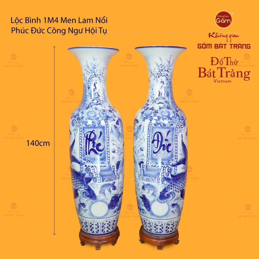 Lộc Bình 1M4 Men Lam Nổi Họa Tiết Phúc Đức Công Ngư Hội Tụ
