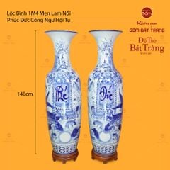 Lộc Bình 1M4 Men Lam Nổi Họa Tiết Phúc Đức Công Ngư Hội Tụ
