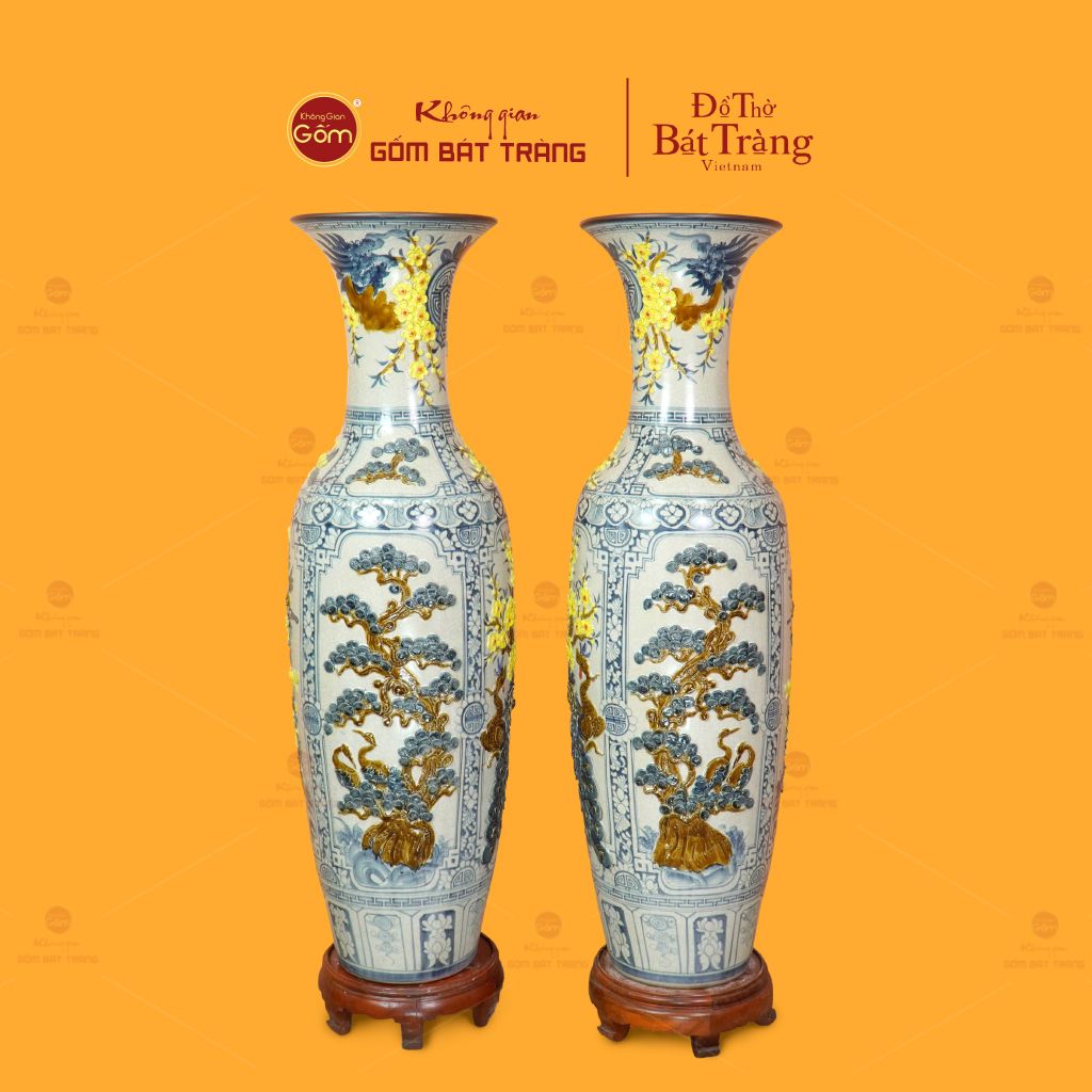 Lộc Bình 1M4 Men Rạn Họa Tiết Tứ Quý Hoa Vàng Đắp Nổi