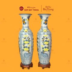 Lộc Bình 1M4 Men Rạn Họa Tiết Tứ Quý Hoa Vàng Đắp Nổi