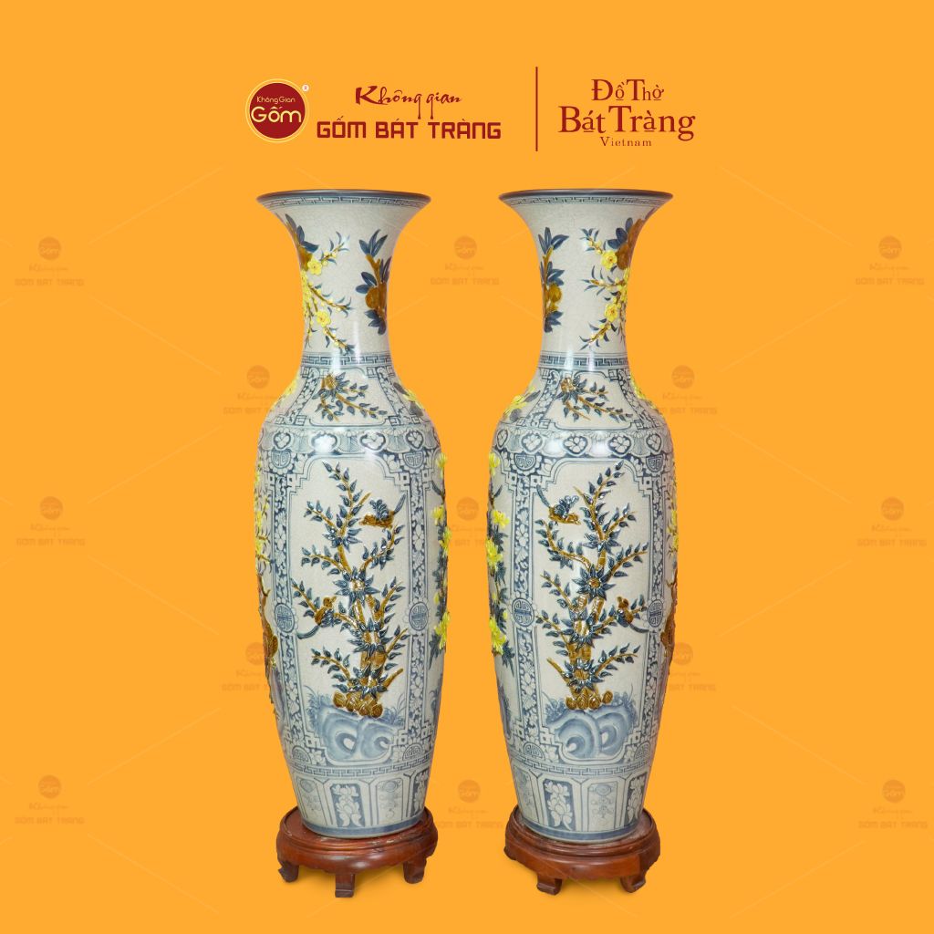 Lộc Bình 1M4 Men Rạn Họa Tiết Tứ Quý Hoa Vàng Đắp Nổi