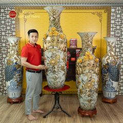 Lộc Bình 1M4 Men Rạn Họa Tiết Phúc Lộc Thọ Đắp Nổi Vẽ Vàng