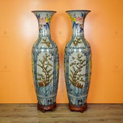 Lộc Bình Men Rạn Họa Tiết Tứ Cảnh Hoa Vàng Đắp Nổi