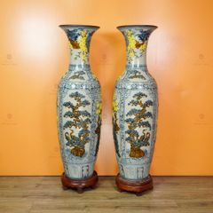 Lộc Bình 1M4 Men Rạn Họa Tiết Tứ Quý Hoa Vàng Đắp Nổi