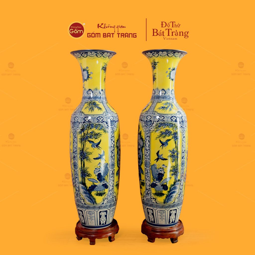 Lộc Bình 1M4 Men Vàng Họa Tiết Tứ Cảnh