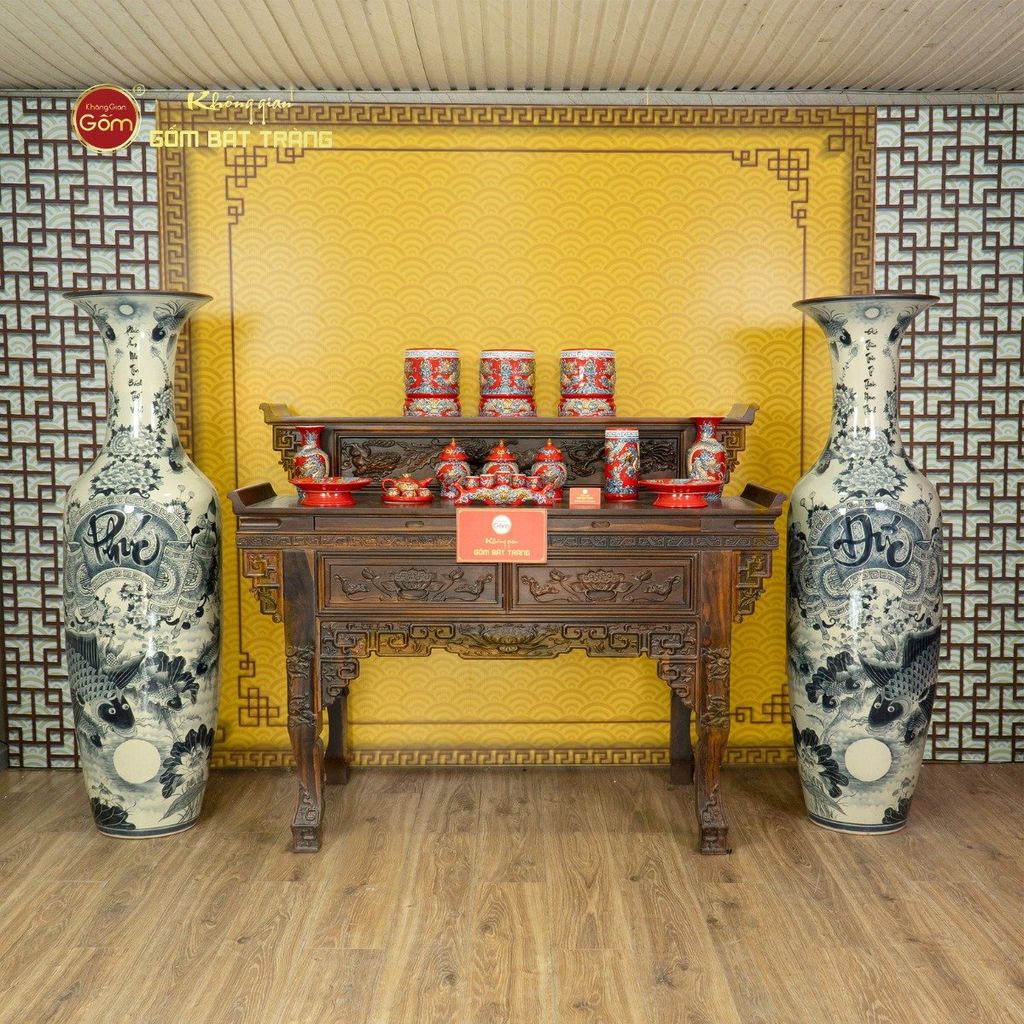 Lộc Bình 1M6 Men Chàm Cổ Vẽ Kỹ Phúc Đức