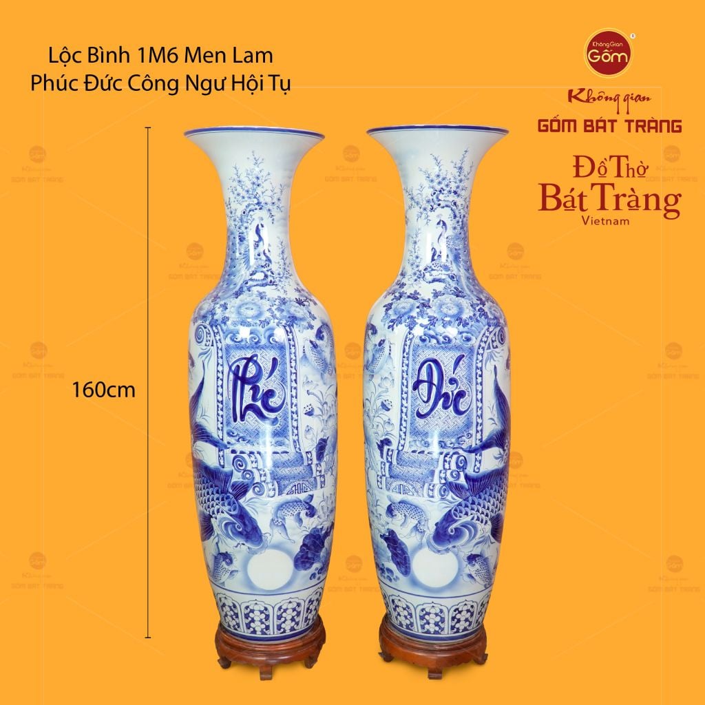 Lộc Bình 1M6 Men Lam Họa Tiết Phúc Đức Công Ngư Hội Tụ