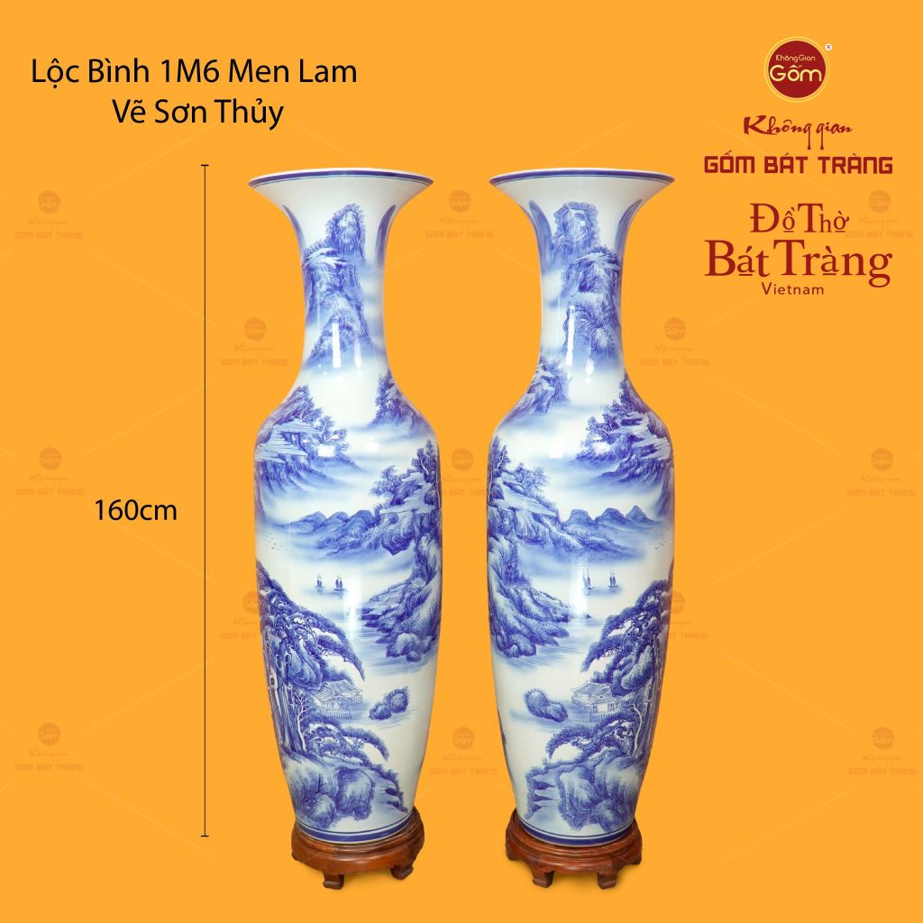 Lộc Bình 1M6 Men Lam Họa Tiết Vẽ Sơn Thủy