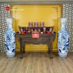 Lộc Bình 1M6 Men Lam Họa Tiết Phúc Đức Công Ngư Hội Tụ