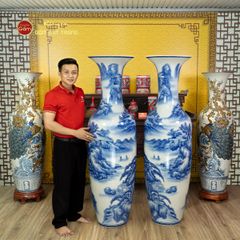 Lộc Bình 1M6 Men Lam Họa Tiết Vẽ Sơn Thủy