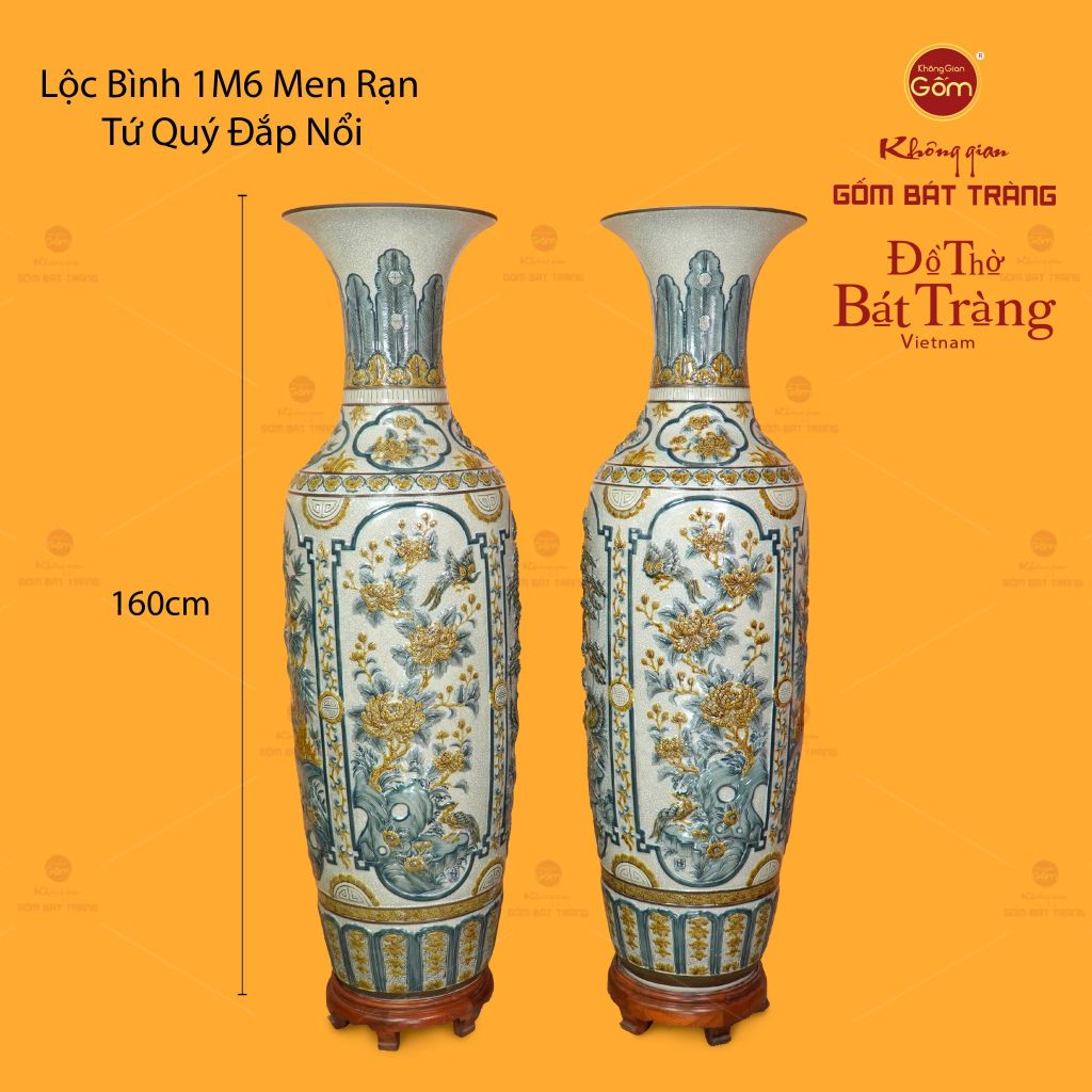 Lộc Bình 1M6 Men Rạn Họa Tiết Tứ Quý Đắp Nổi