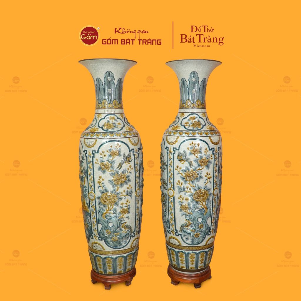 Lộc Bình 1M6 Men Rạn Họa Tiết Tứ Quý Đắp Nổi