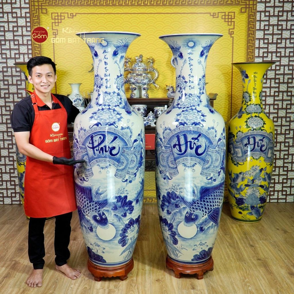 Lộc Bình Béo 1M6 Men Lam Họa Tiết Phúc Đức