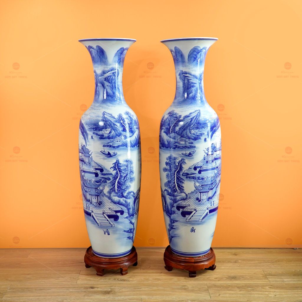 Lộc Bình 1M4 Men Lam Họa Tiết Vẽ Sơn Thủy