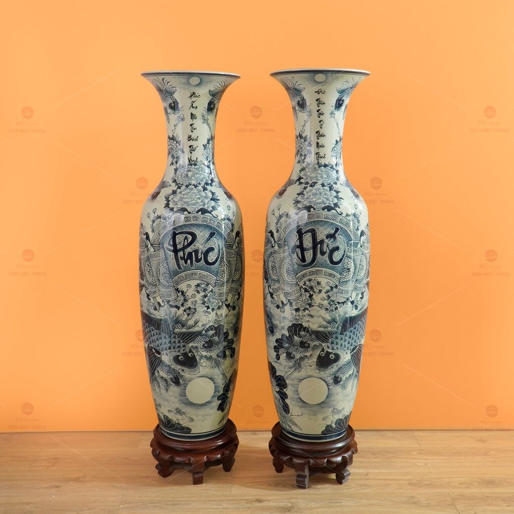 Lộc Bình 1M6 Men Chàm Cổ Vẽ Kỹ Phúc Đức