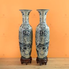 Lộc Bình 1M6 Men Chàm Cổ Vẽ Kỹ Phúc Đức