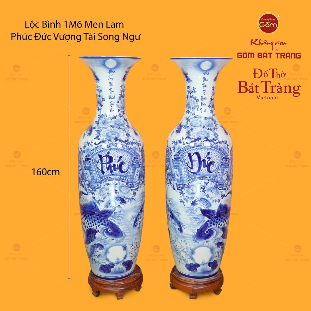 Lộc Bình Men Lam Họa Tiết Phúc Đức Vượng Tài Song Ngư