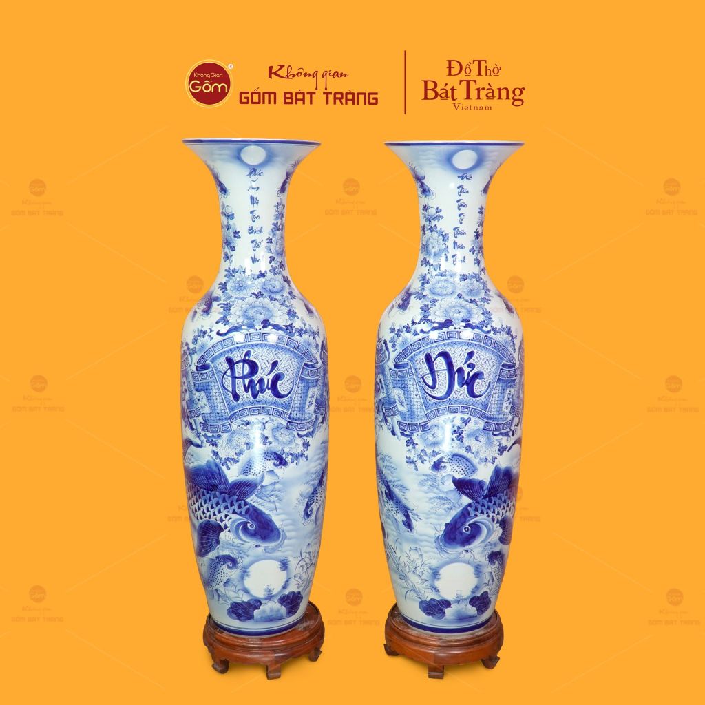 Lộc Bình Men Lam Họa Tiết Phúc Đức Vượng Tài Song Ngư