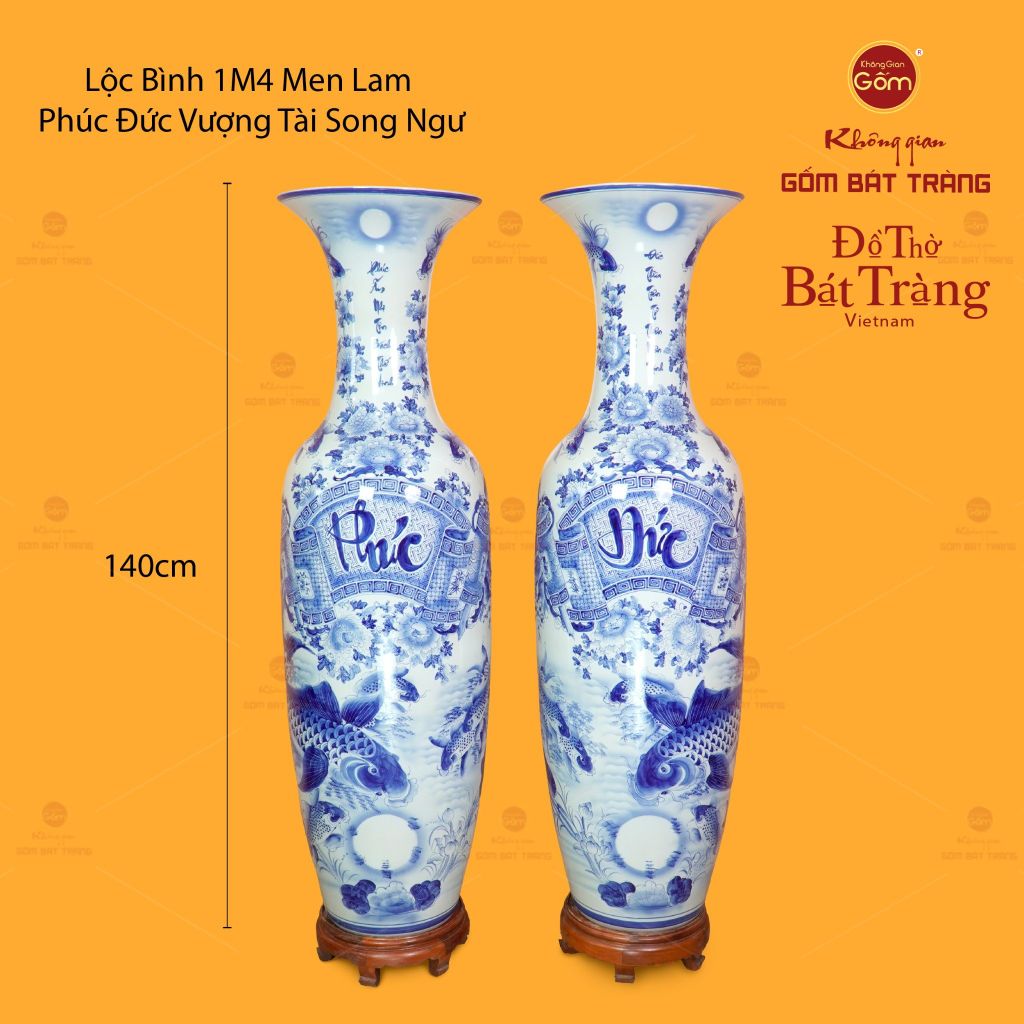 Lộc Bình Men Lam Họa Tiết Phúc Đức Vượng Tài Song Ngư