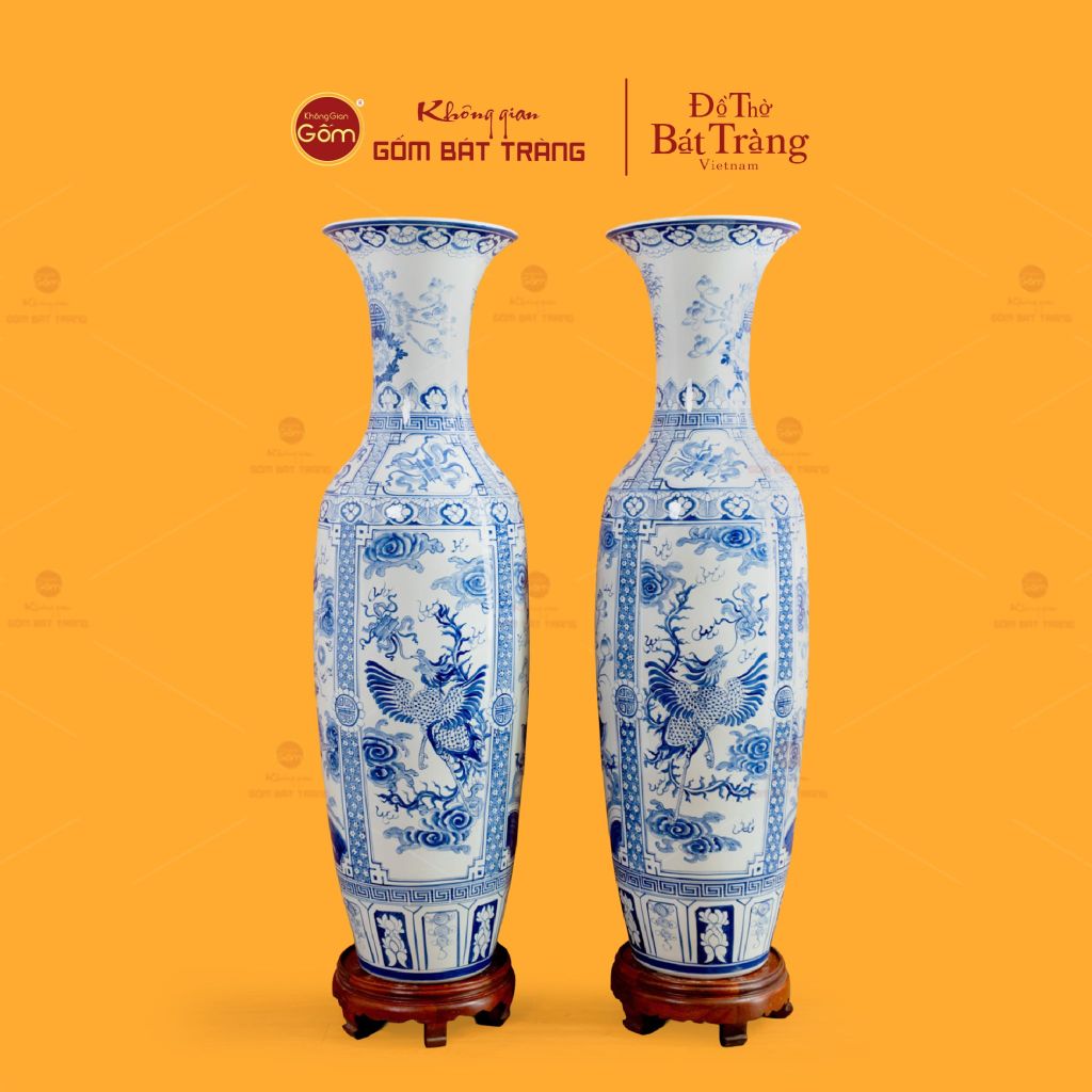 Lộc Bình 1M4 Men Lam Họa Tiết Tứ Linh