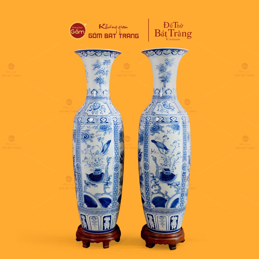 Lộc Bình 1M4 Men Lam Họa Tiết Tứ Linh