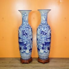 Lộc Bình 1M4 Men Lam Nổi Họa Tiết Phúc Đức Công Ngư Hội Tụ