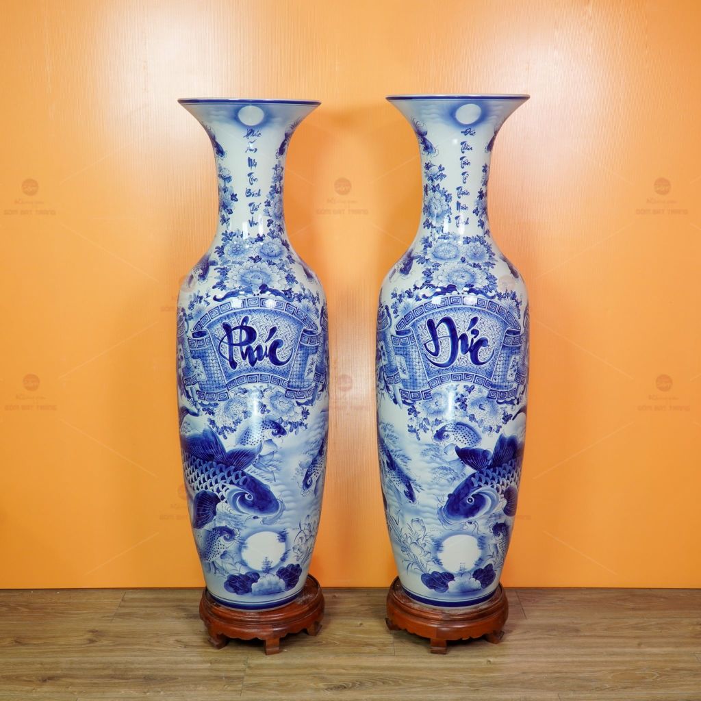 Lộc Bình Men Lam Họa Tiết Phúc Đức Vượng Tài Song Ngư