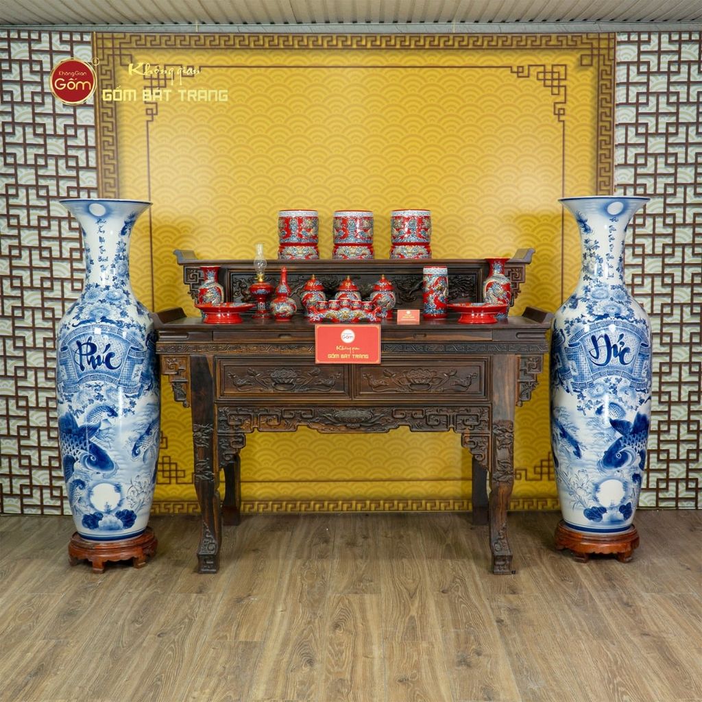 Lộc Bình Men Lam Họa Tiết Phúc Đức Vượng Tài Song Ngư