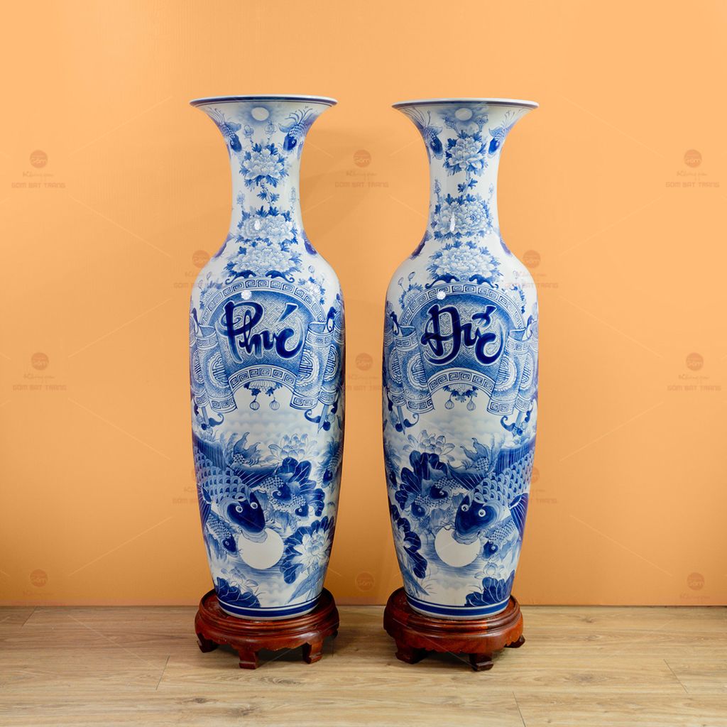 Lộc Bình 1M2 Men Lam Họa Tiết Phúc Đức