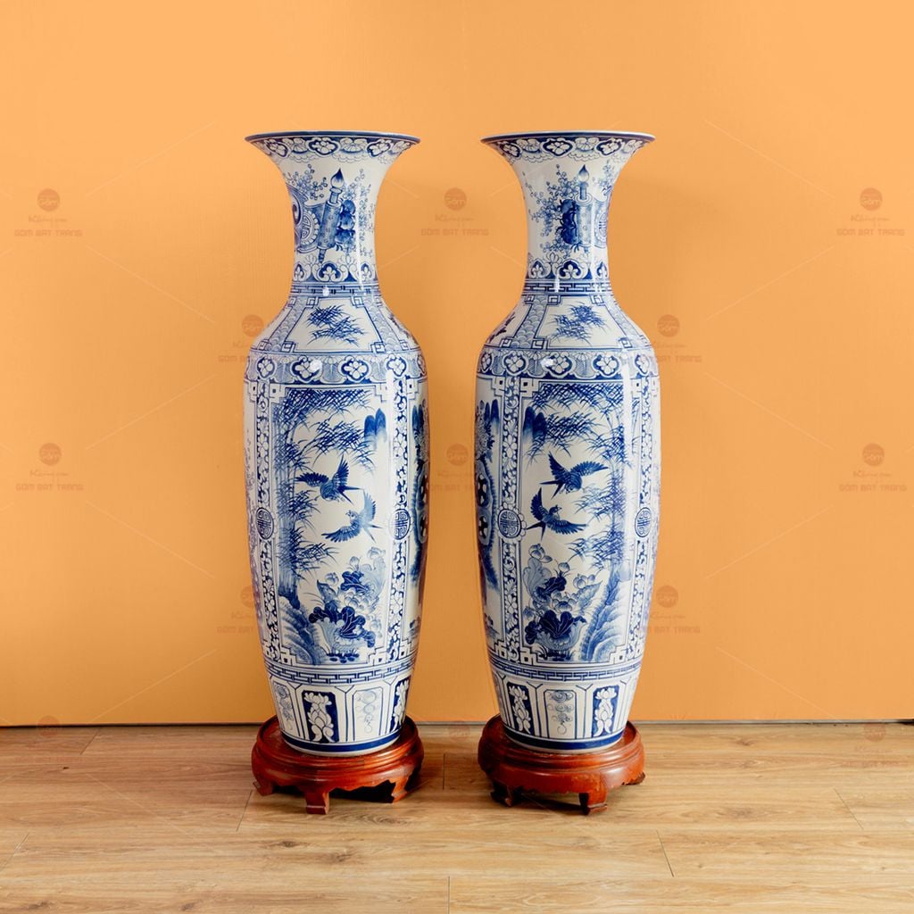 Lộc Bình 1M2 Men Lam Họa Tiết Phúc Đức Tứ Cảnh